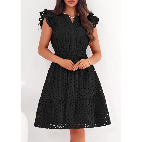 Women's Black V Neck Eyelet Cap Sleeve Summer Beach Vacation Sundresses - Picture 2 of 8